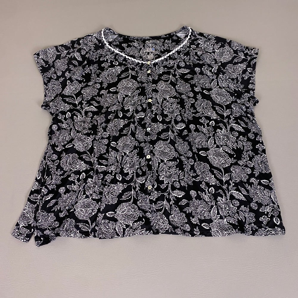 Croft & Barrow Pajama Shirt Women's 3X Sleep Top Black White Floral Button Front
